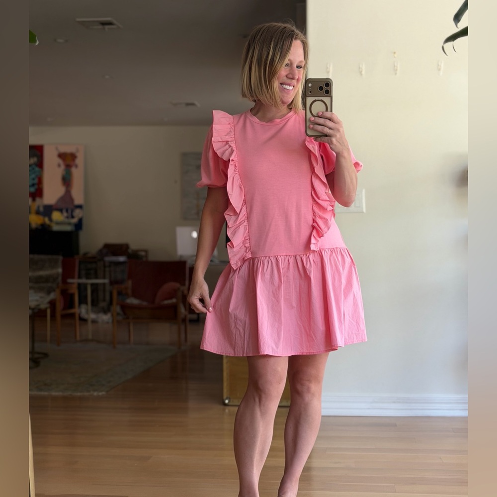 English Factory Coral Rose Pink Ruffle Mini Dress Cotton Short Sleeve Sz Medium